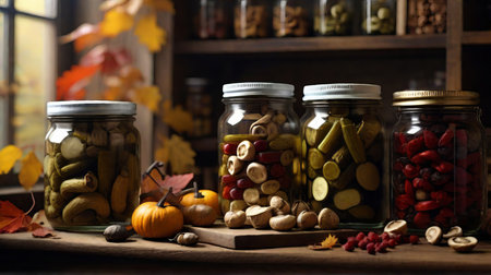 Background of preserved jars with supplies and pickles on shelves in the cellar. AI generated.の素材