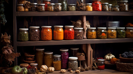 Background of preserved jars with supplies and pickles on shelves in the cellar. AI generated.の素材