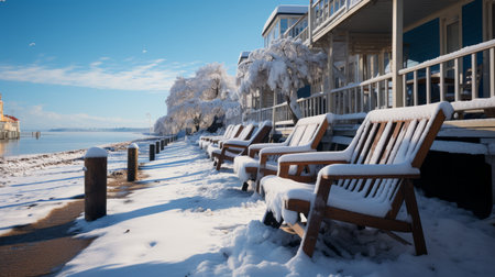 Frozen palm trees on the beach by the sea or ocean. Global warming. AI generated.の素材