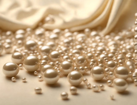 Pearl necklace on beige fabric, closeup. Luxury backgroundの素材