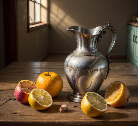 Still life with a jug of water and citrus on a wooden tableの素材
