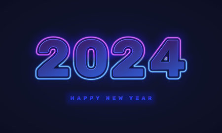 Happy new year 2024 in bright neon style. Vector illustration.
