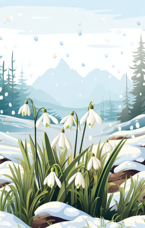 Snowdrops are awakening from beneath the snow. AI generation.の素材