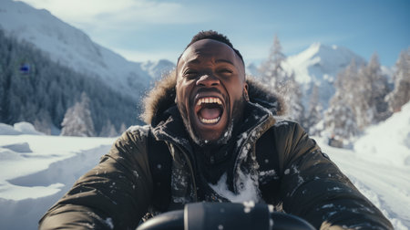 Cheerful people sledding down a snowy mountain. AI generation.の素材