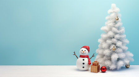 Cheerful snowman with Christmas tree on blue background and free space. AI generation.の素材