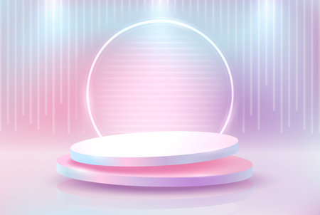 Round podium on a light colored background with neon lighting. Vector illustration.のイラスト素材