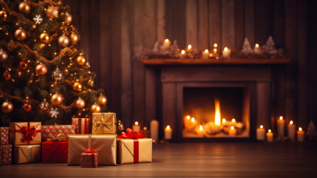 Christmas background with New Year tree, gifts and fireplace in the background. AI generation.の素材