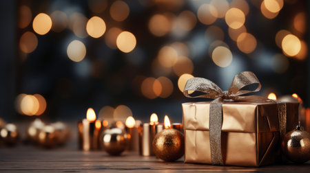 Christmas background with New Year tree, gifts and fireplace in the background. AI generation.の素材