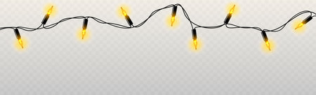 Golden Christmas tree garland lights isolated on a light background. Vector illustration.のイラスト素材