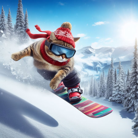 A cat on a snowboard going down the mountain in winter. AI generation.の素材