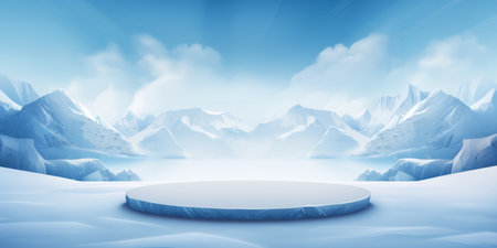 Winter runway against a landscape of frozen sea with blizzards, glaciers and mountains. AI generation.の素材
