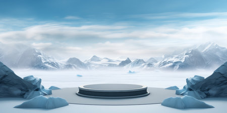 Winter runway against a landscape of frozen sea with blizzards, glaciers and mountains. AI generation.の素材