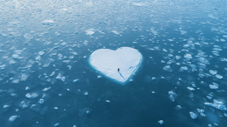 The background of the sea or ocean with a view from above and a cold frozen heart of ice floes. AI generation.の素材