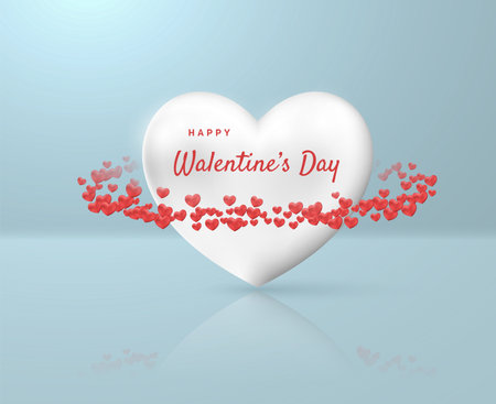 Happy Valentine's day poster or voucher. Small red hearts fly around a big white heart. Vector illustration.のイラスト素材