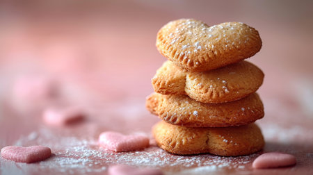 Cookie hearts made of dough with icing on a light pink background. AI generation.の素材