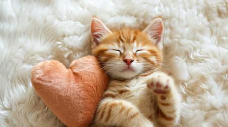 Kitten on a blanket with a soft heart. AI generation.の素材