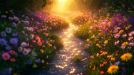 Colorful landscape with path, flowers and rivers. A romantic place to relax. AI generation.の素材