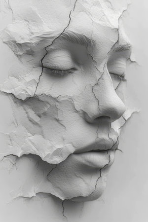 A man's face made of cracked stone on white paper. AI generation.の素材