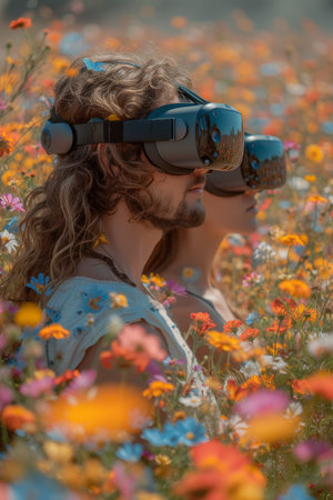 People in virtual reality helmets in sunny weather in a flower meadow. AI generation.の素材