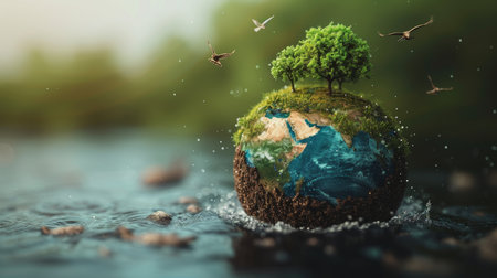 Concept of World Earth Day and Nature Protection. Realistic image of the earth with animals and plants. AI generation.の素材