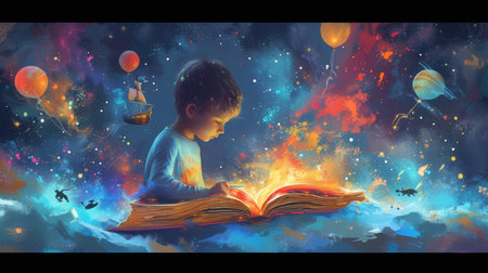 Children read books and imagine what they read. AI generation.の素材