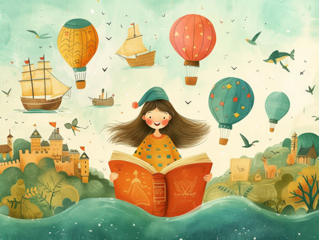 Children read books and imagine what they read. AI generation.の素材