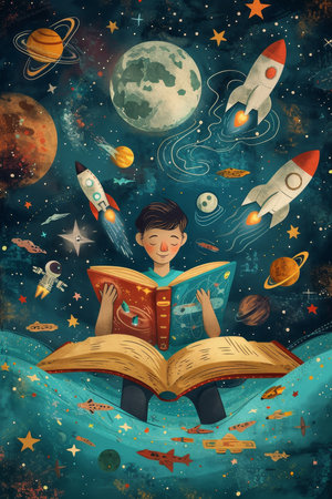 Children read books and imagine what they read. AI generation.の素材