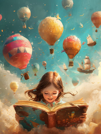 Children read books and imagine what they read. AI generation.の素材