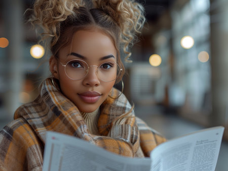 Fashionable beautiful girl works at a laptop in the office. AI generation.の素材