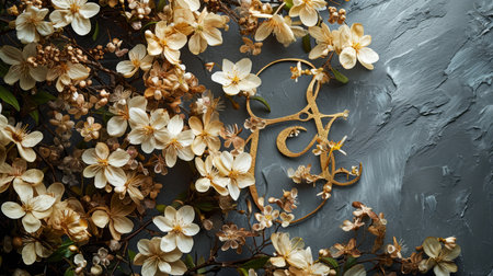 Gray background decorated with gold and flowers with empty space for text. AI generation.の素材