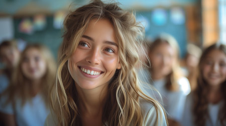 Close-up portrait of a beautiful girl student against the background of a classroom. AI generation.の素材