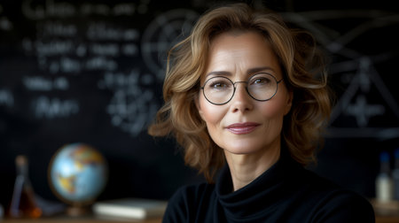 Woman teacher on the background of a school board and classroom. AI generation.の素材