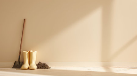 Rubber boots and a shovel on a light beige empty background with space for text. AI generation.の素材