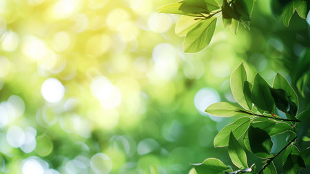 Summer green background poster with tree leaves. Free space for text. AI generation.の素材