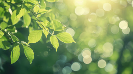 Summer green background poster with tree leaves. Free space for text. AI generation.の素材