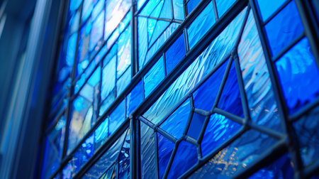 Geometric stained glass window in Art Deco style multicolored in blue colors. AI generation.の素材