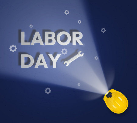 Happy Labor Day banner illuminated with construction helmet with lantern. Vector illustration.のイラスト素材