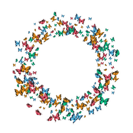 Multi-colored butterflies flying in a circle on a white background. Vector illustration.のイラスト素材