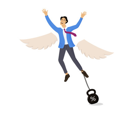 A man chained to a weight with interest. Vector illustration.のイラスト素材