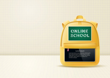Online school learning concept. A backpack with a school board and an Internet tablet on the background of a checkered notebook. Vector illustration.のイラスト素材