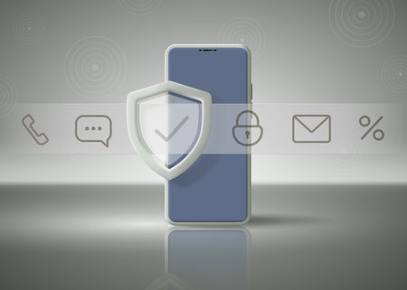 Mobile phone with security icons collection and shield for protection and privacy. Vector 3d illustration.のイラスト素材