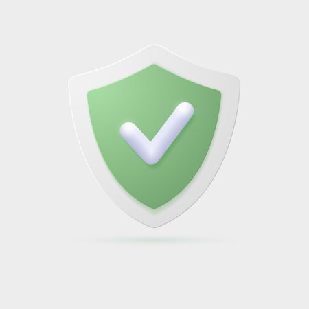 Shield with a check mark icon. Checkmark approved with 3d style shield. Security shield with a check mark of approval. Strong defense. Vector illustration.のイラスト素材