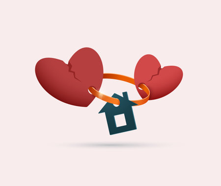 Two hearts connected by a wedding ring with a keychain at home. Concept of unhappy life together because of an apartment or house. Vector illustration.のイラスト素材