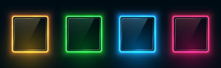 Set of neon square frames with glass. Glowing gradient borders, colorful night banners isolated on dark background. Vector 3d illustration.のイラスト素材