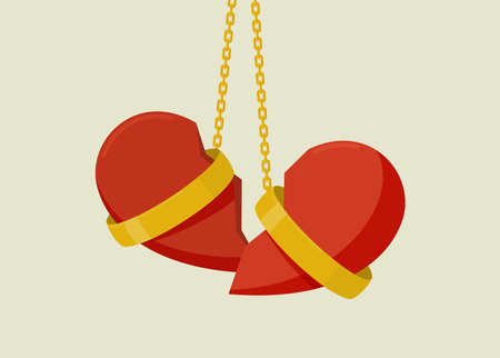 Broken heart and wedding rings. Divorce or breakup concept. Vector illustration.のイラスト素材