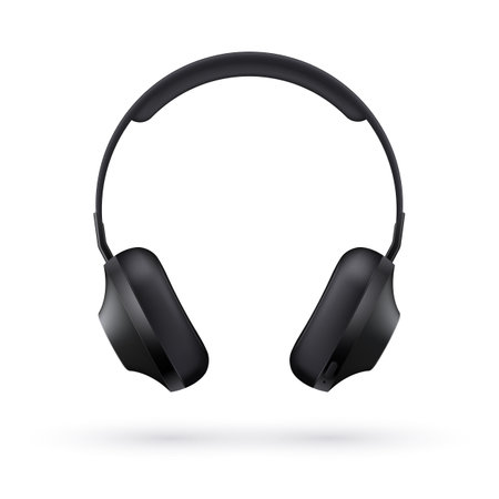 Music realistic black headphones front view isolated on light background. Vector 3d illustration.のイラスト素材