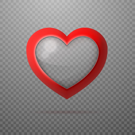 A red heart in the shape of a frame with a transparent glass in the middle. Vector 3D Illustration.のイラスト素材