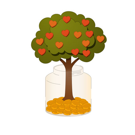 Glass jar with gold coins for donation and grown tree of gratitude with hearts fruits. Cash, budget, savings or fund. Vector illustration isolated on light background.のイラスト素材