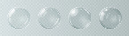 Collection of transparent realistic glass balls with different glares and reflections isolated on a light background. Vector 3d illustration.のイラスト素材