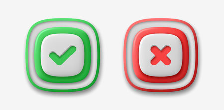 Green tick of approval and red cross of prohibition isolated on light background. Vector 3d illustration.のイラスト素材